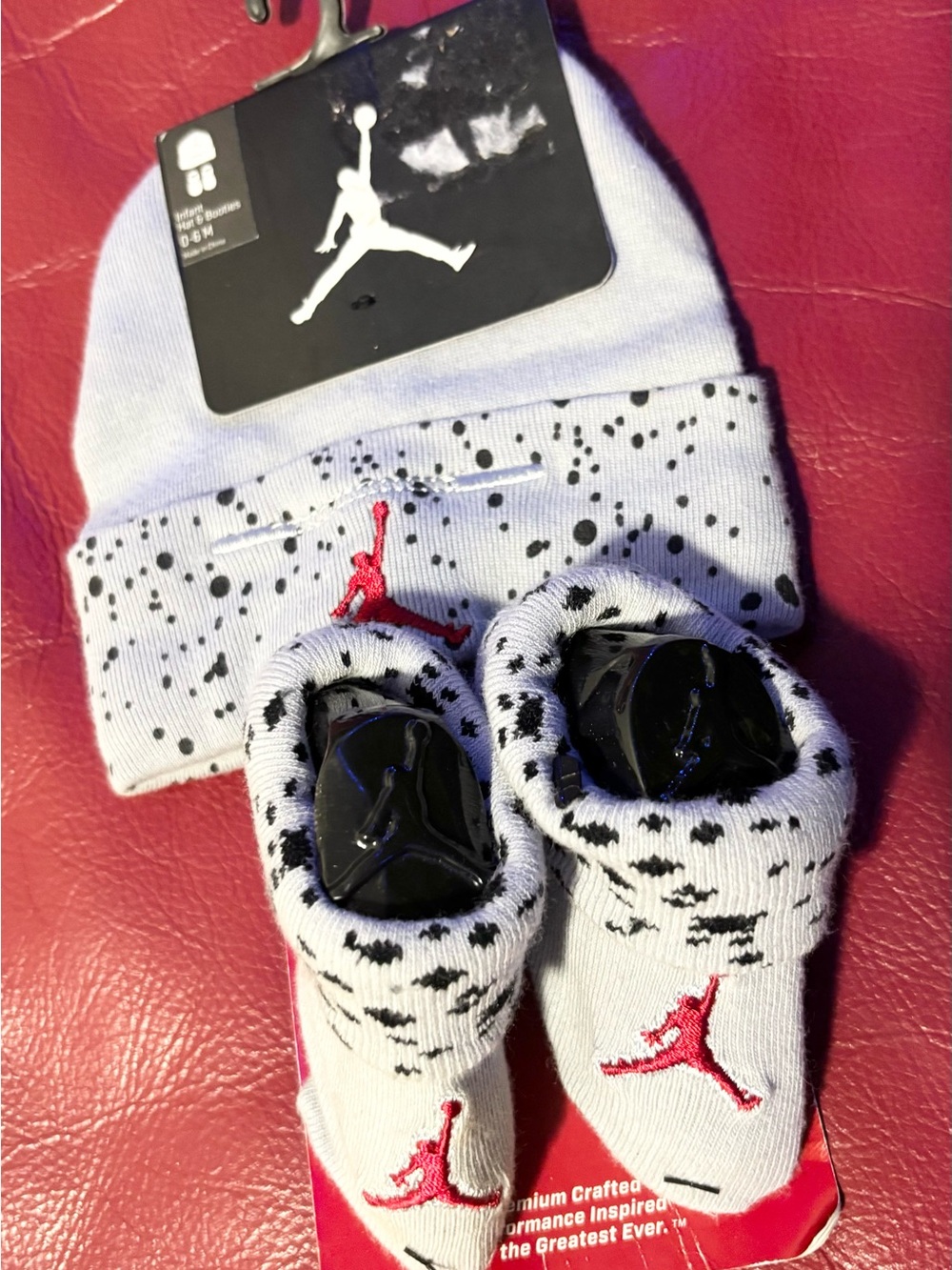 Nike Jordan White & Black Speckled Baby Beanie and Booties with Red Logo
